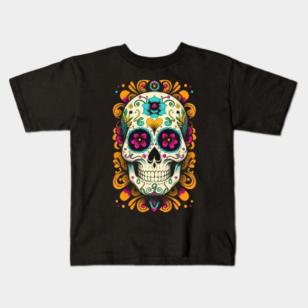 Dia De Los Muertos, Retro Sugar Skull Design Kids T-Shirt by PugSwagClothing